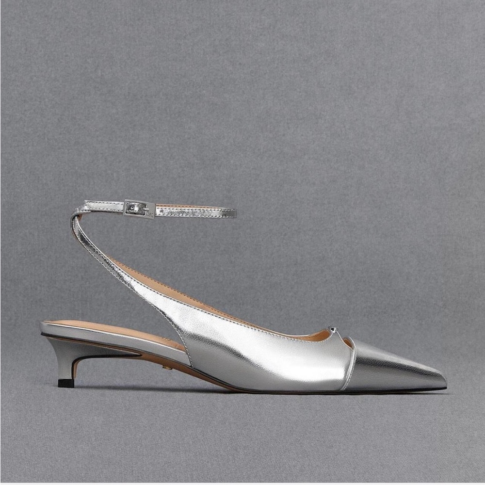 Charles & Keith Silver Slingback Kitten Heels